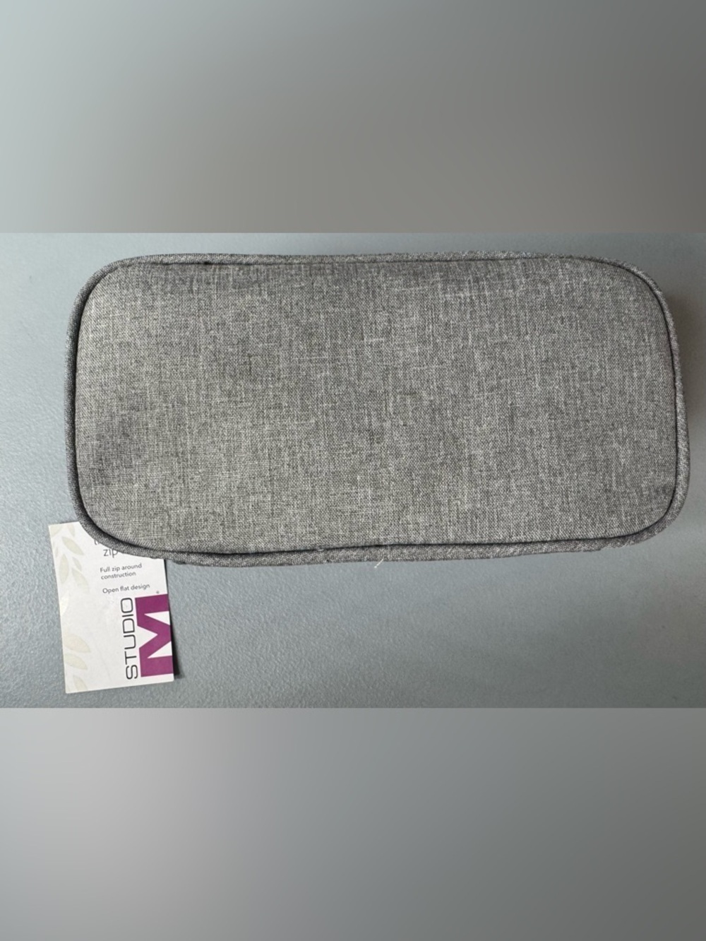 Studio M Gray Linen Clutch Zip Around cosmetic toiletry bag clear mesh compact